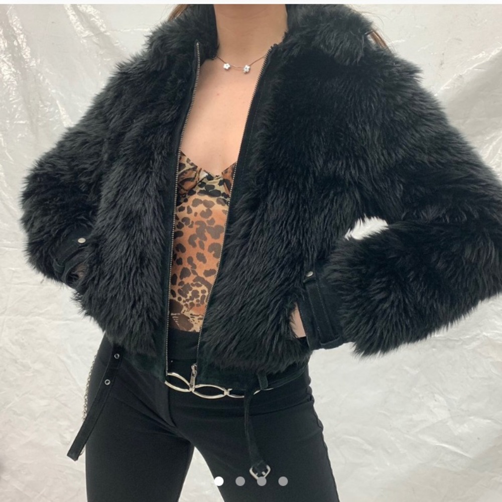 vintage y2k Express black faux fur bomber jacket